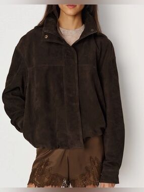 Dark Brown Suede Leather Jacket - Women's Casual Bomber